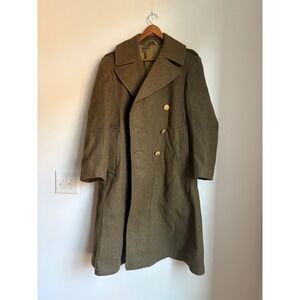 Vintage 1948 US Army Wool Overcoat Men Green Double Breasted Trench Coat 36S WW2